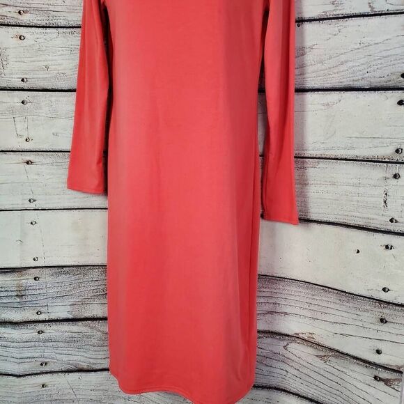 LuLaRoe Long Sleeve Midi Dress Size Small Solid Coral Pink Stretch Knit Pullover - Picture 3 of 6